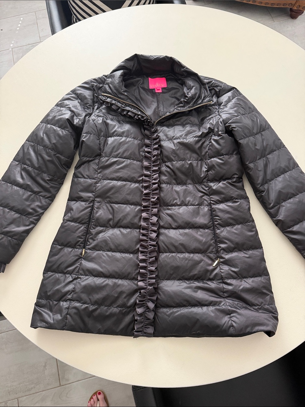 Lilly Pulitzer Black Quilted Ruffle-Trim Puffer Coat